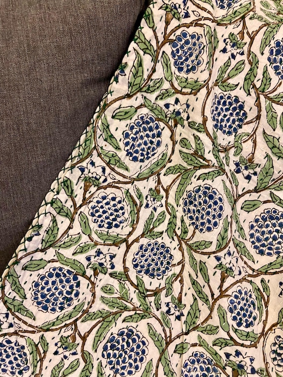 Blue & Green Floral Block Print Kantha Quilt Queen Pure Cotton Throw Blanket Kantha Bedspread Coverlet Bed Cover Boho