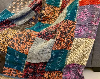 Vintage Sari Silk Patchwork Kantha Quilt, Recycled Indian Blanket, Colorful Boho Bedspread, Reversible Throw, Handmade Textile Decor