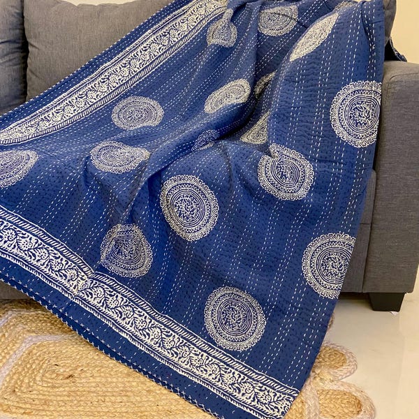 Stonewashed Indigo Handblock Gedruckt Queen Kantha Quilt