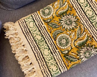 Premium Handmade Boho Bedding Throw Hand block Print Soft Cotton Throw Blanket Sofa Décor Tassels Hand Loomed Cotton Sofa Throw Home Decor