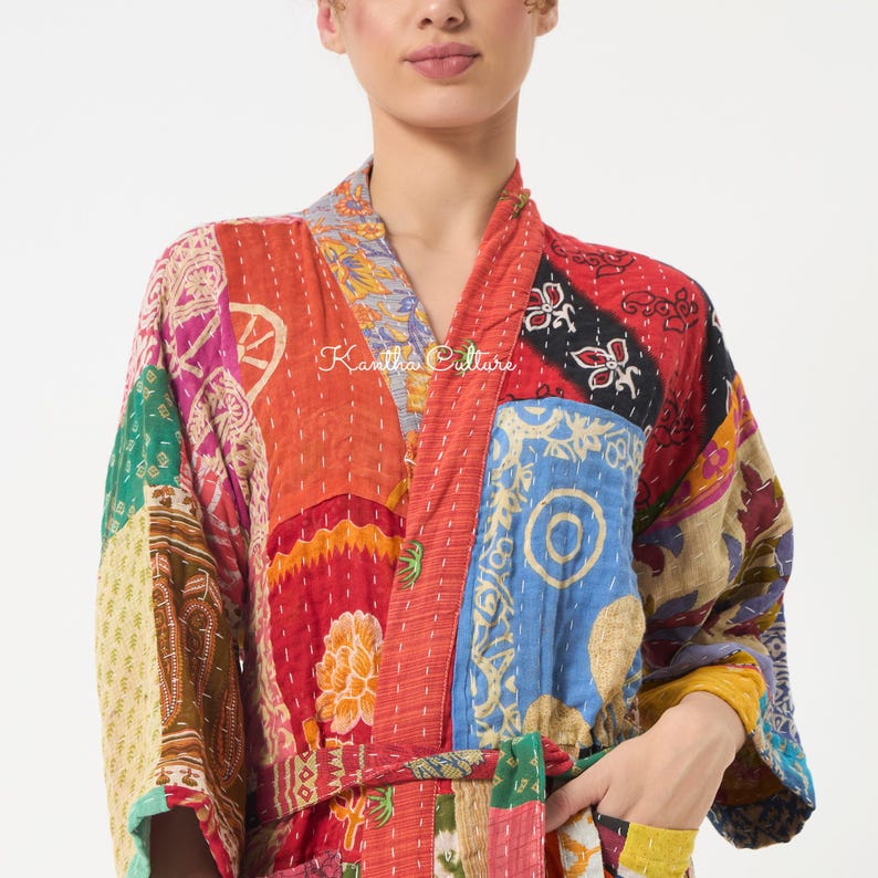 Vintage Patchwork Kantha Robe, Reversible Cotton Kimono, Handmade Boho ...
