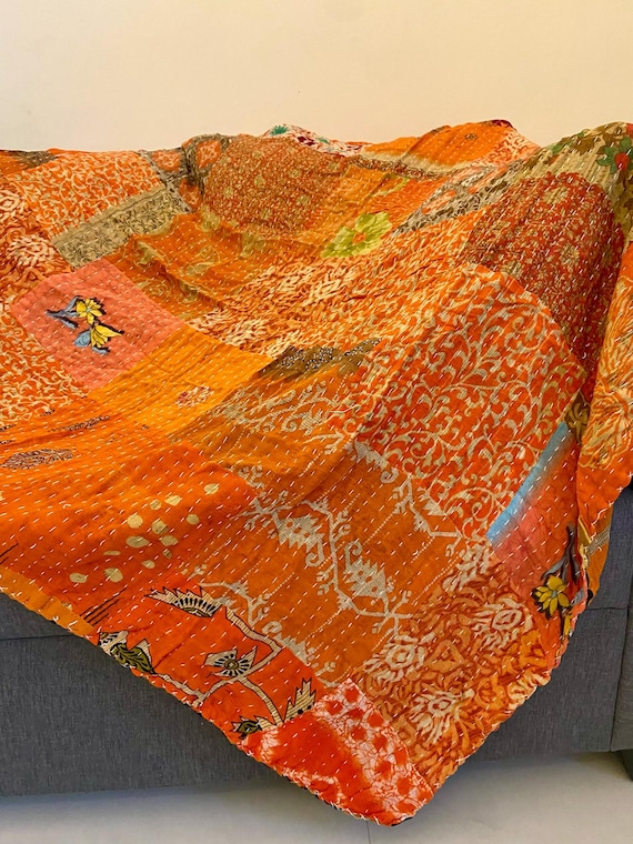 Handmade Cotton Vintage Patchwork Orange Kantha Quilt Boho Reversible Indian Kantha Bedspread Throw