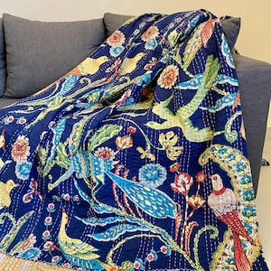 Blue Peacock Kantha Quilt Handmade Printed Indian Reversible Boho Kantha Bedspread Throw