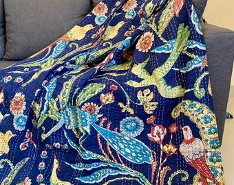 Blue Peacock Kantha Quilt Handmade Printed Indian Reversible Boho Kantha Bedspread Throw
