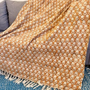 Orange Floral Minimalist Hand Block Printed Cotton Throw Blanket