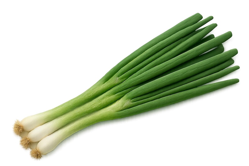 May include: A bunch of fresh green onions, also known as scallions, against a white background. The green leaves are vibrant, and the white bulbs have small root systems. These vegetables are often used in cooking.