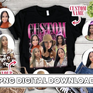 以下が含まれることがあります： 「CUSTOM Text」と書かれたピンクと白のグラフィックが特徴の黒いTシャツ。女性の肖像画のコラージュが特徴です。「CUSTOM NAME」と「PNG DIGITAL DOWNLOAD」の文字も表示されています。