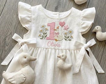 Custom Silly Goose Wild Flower Hand Embroidered Girls Soft Dress, Toddler Linen Dress, Baby Dress,First Birthday Outfit