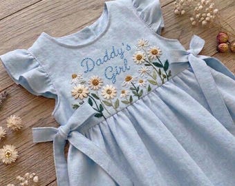 Embroidered Daddy's Girl Wild Flower Dress, Hand Embroidered Girls Soft Dress, Toddler Linen Dress, Floral Kid Clothing, Baby Dress