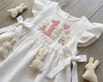 Custom Bunny Wild Flower Hand Embroidered Girls Soft Dress, Toddler Linen Dress, Baby Dress,First Birthday Outfit