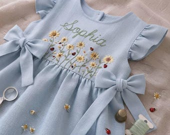 Sunflower Embroidered Dress, Hand Embroidered Baby Girl Dress, Custom Name Flower Dress, Ladybug Toddler Dress, Flower Girl Gift