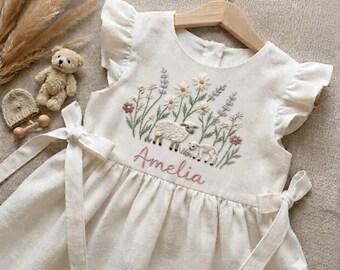 Personalized Baby Sheep Hand Embroidered Linen Dress, Custom Baby Girl Dress, Floral Lamb Embroidery Dress, Cottagecore Toddler Outfit