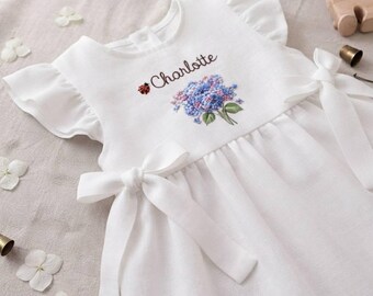 Hand Embroidered Hydrangea Dress, Personalized Girls Dress, Custom Flower Girl Dress, Baby Girl Linen Dress, Cottagecore Dress