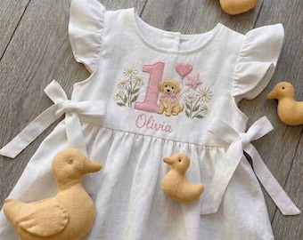 Custom Puppy Wild Flower Hand Embroidered Girls Soft Dress, Toddler Linen Dress, Baby Dress,First Birthday Outfit