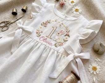 Custom Bunny Wild Flower Hand Embroidered Girls Soft Dress, Toddler Linen Dress, Baby Dress,First Birthday Outfit