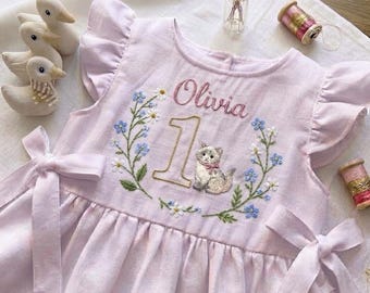 Custom Cat Wild Flower Hand Embroidered Girls Soft Dress, Toddler Linen Dress, Baby Dress,First Birthday Outfit