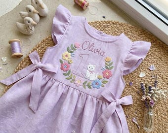 Custom Cat Wild Flower Hand Embroidered Girls Soft Dress, Toddler Linen Dress, Baby Dress,First Birthday Outfit