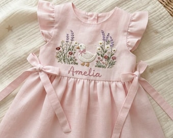 Custom Silly Goose Wild Flower Hand Embroidered Girls Soft Dress, Toddler Linen Dress, Baby Dress,First Birthday Outfit