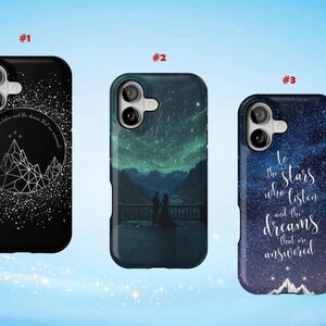 May include: Three phone cases with unique designs. The first is black with a mountain and text. The second features a couple under a starry sky. The third is a starry night design with text.