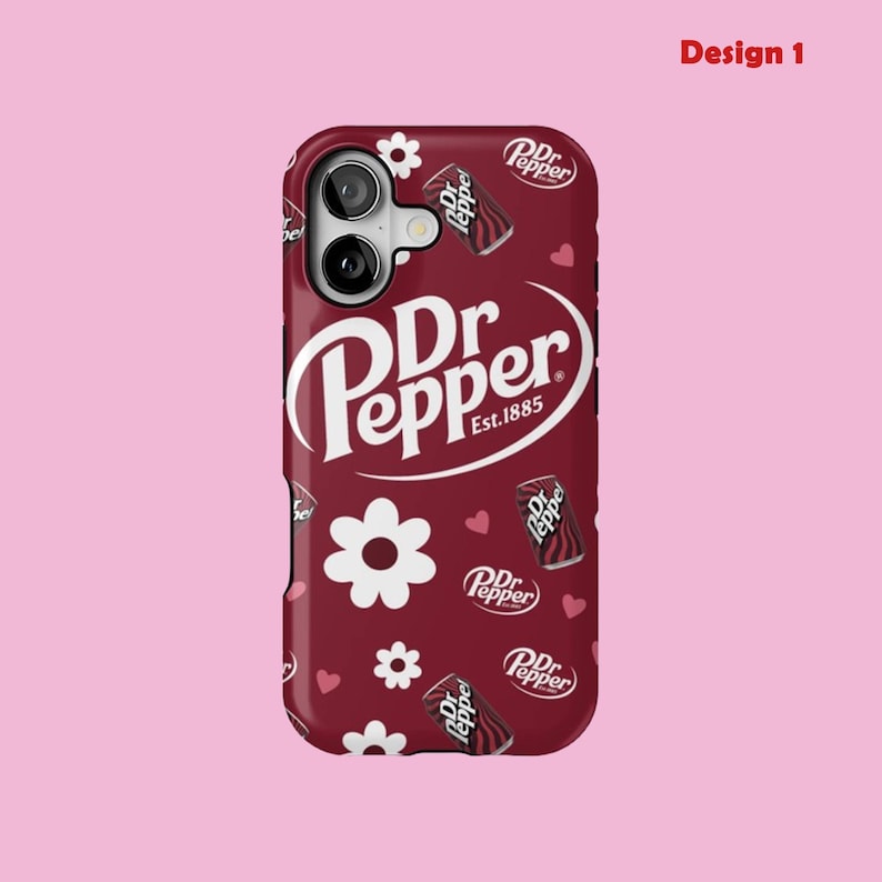 May include: A maroon phone case with a Dr Pepper design. The case features a pattern of white flowers, hearts, and miniature Dr Pepper cans. The Dr Pepper logo is in white, with the text "Est. 1885".