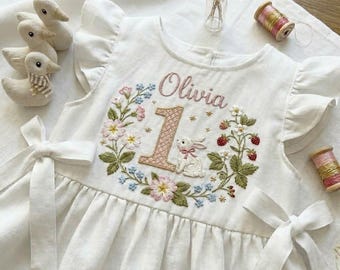 Custom Bunny Wild Flower Strawberry Hand Embroidered Girls Soft Dress, Toddler Linen Dress, Baby Dress,First Birthday Outfit