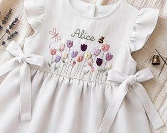 Hand Embroidered Tulip Dress, Personalized Girls Dress, Custom Flower Girl Dress, Baby Girl Linen Dress, Cottagecore Dress, Spring Outfit