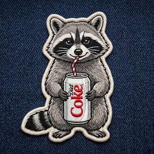 May include: An embroidered patch featuring a gray and black raccoon holding a silver soda can with the text Diet Coke in red letters. The raccoon has a red and white striped straw in its mouth, and the entire patch has a cream-colored border.