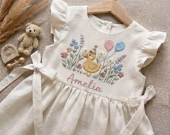 Personalized Hand Embroidered Baby Dress, Custom Duck Embroidery Dress, Baby Girl Linen Dress, Duckling Floral Dress, Baby Shower Gift