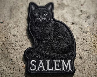 Black Cat Embroidered Patch, Salem Cat Iron On Patch, Halloween Witchy Patch, Black Cat Patch for Jacket, Backpack, Shirt