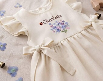 Hand Embroidered Hydrangea Dress, Personalized Girls Dress, Custom Flower Girl Dress, Baby Girl Linen Dress, Cottagecore Dress