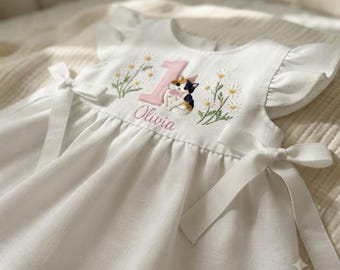 Custom Cat Wild Flower Hand Embroidered Girls Soft Dress, Toddler Linen Dress, Baby Dress,First Birthday Outfit