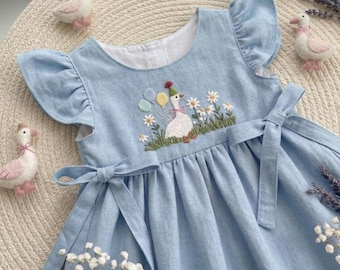Custom Silly Goose in Garden Hand Embroidered Girls Soft Dress, Toddler Linen Dress, Baby Dress,First Birthday Outfit