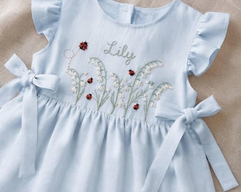 Hand Embroidered Lily of the Valley Dress, Personalized Girls Dress, Flower Girl Dress, Baby Girl Linen Dress, Cottagecore Dress