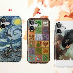 May include: Three phone cases with unique designs. The first case features a starry night painting with a bird. The second case has a grid of colorful dragon illustrations. The third case shows a boy and a dragon in a tender moment.