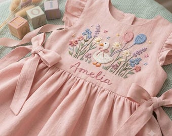 Custom Silly Goose Wild Flower Hand Embroidered Girls Soft Dress, Toddler Linen Dress, Baby Dress,First Birthday Outfit