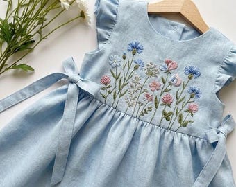 Embroidered Wild Flower Dress, Hand Embroidered Girls Soft Dress, Toddler Linen Dress, Floral Kid Clothing, Baby Dress,First Birthday Outfit