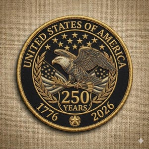 May include: Embroidered patch featuring the words "United States of America" around the edge. The patch has a black background with a gold border and depicts an eagle holding flags and olive branches. The text "250 Years 1776-2026" is also included.