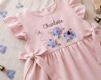 Hand Embroidered Hydrangea Dress, Personalized Girls Dress, Custom Flower Girl Dress, Baby Girl Linen Dress, Cottagecore Dress