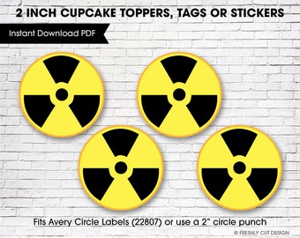 Radioactief symbool 2" afdrukbare traktatie-toppers of labels