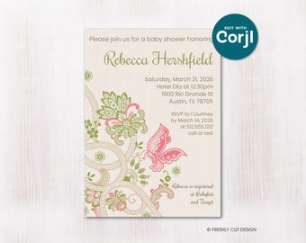 Editable Butterfly & Flowers Baby Shower Invitation | Instant Download | Corjl Template (5x7 inches)