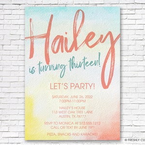 Bright Watercolor Birthday Invitation Printable or Printed w/ FREE Envelopes image 1