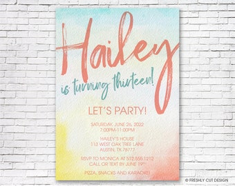 Bright Watercolor Birthday Invitation - Printable or Printed (w/ FREE Envelopes)