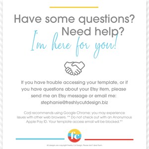 Puede incluir: Un letrero informativo blanco con texto gris que dice: Have some questions? Need help? I'm here for you! Incluye un icono de apret&oacute;n de manos, instrucciones para acceder a la plantilla de Etsy, el correo stephanie@freshlycutdesign.biz y un logo con las letras fc.