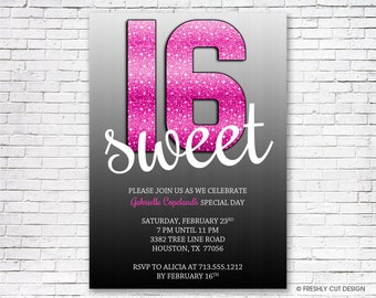 Glittery Sweet 16 on Black and White - Printable or Printed (w/ FREE Envelopes)