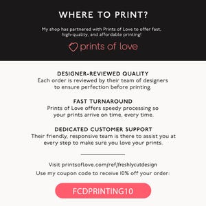 Puede incluir: Un gr&aacute;fico informativo en blanco y negro titulado WHERE TO PRINT? con el logotipo de Prints of Love. Enumera servicios como calidad revisada por dise&ntilde;adores, procesamiento r&aacute;pido y atenci&oacute;n al cliente. Incluye la URL printsoflove.com/ref/freshlycutdesign y el c&oacute;digo de cup&oacute;n FCDPRINTING10 dentro de un bot&oacute;n rosa.