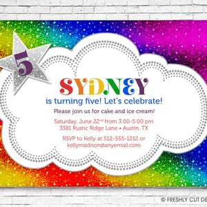 Sparkly Rainbow Birthday Party Invitation Printable or Printed w/ FREE Envelopes image 1