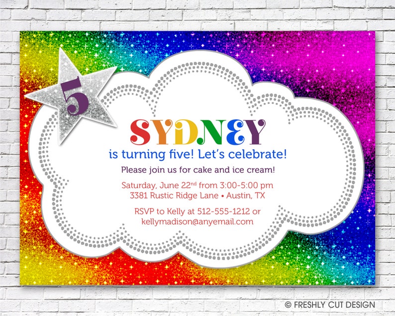 Sparkly Rainbow Birthday Party Invitation Printable or Printed w/ FREE Envelopes image 1