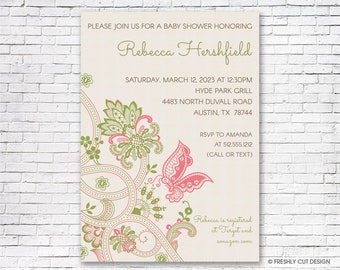 Butterfly and Flowers Baby Shower Invitation - Printable or Printed (w/ FREE Envelopes)