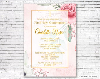 Rose Gold First Communion Invitation - Printable or Printed (w/ FREE Envelopes)