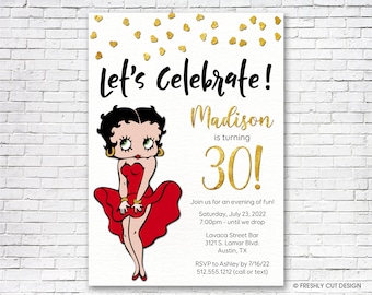 Gold Sparkle Betty Boop Birthday Invitation - Printable or Printed (w/ FREE Envelopes)